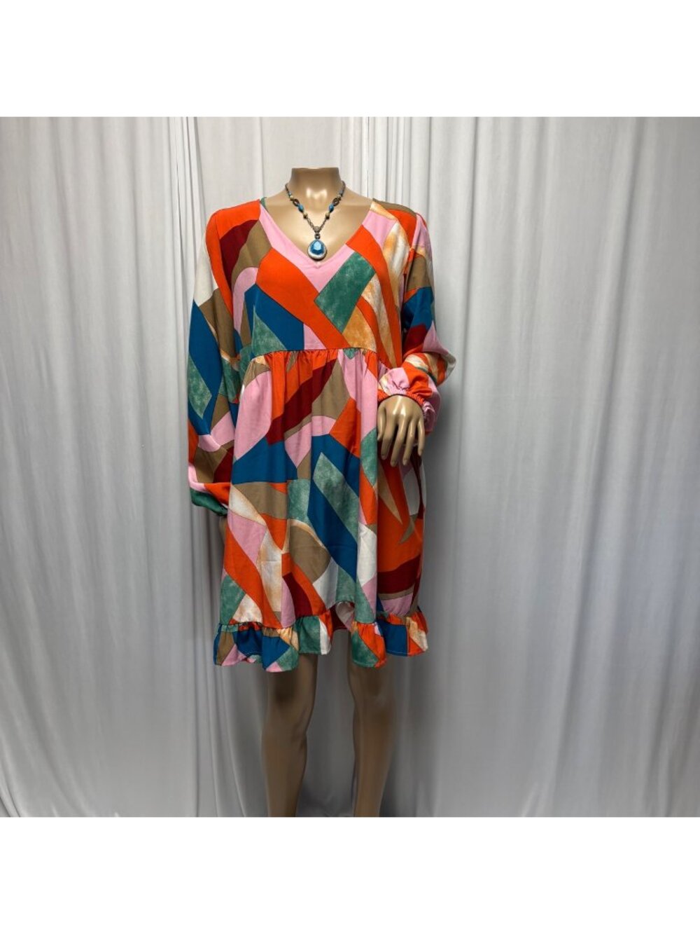 Jodifl Womens Dress Size Large Colorful Abstract Boho Ruffle Hem Playful Shift